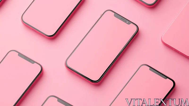 Pink smartphones align in diagonal pattern on monochrome surface