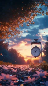 Glass clock glows softly along a dreamy sunset path