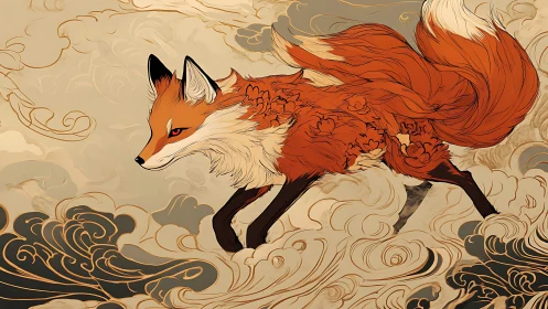 Mythic red fox strides through gilded swirling clouds.