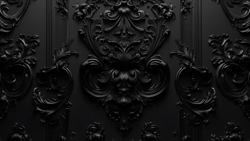 Black baroque relief panel shows ornate symmetrical flourishes