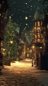 Snow-covered medieval street with illuminated Christmas trees