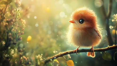 Adorable Fluffy Bird on Branch in Glowing Dreamlike Forest Scene.