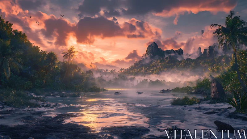 Tropical River Valley Dawn with Karst Mountains.