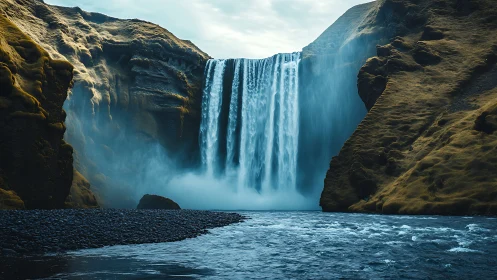 Majestic Waterfall Cascading Through Ancient Stone.