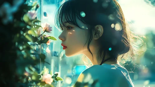 Side profile girl in teal bokeh lighting beside flowers at glass