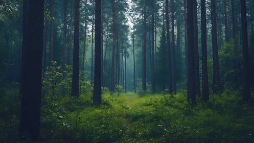 Serene Pine Forest in Morning Light with Lush Greenery.