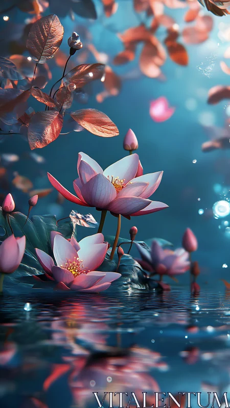 Dreamlit lotus blossoms drifting on a tranquil blue pond.