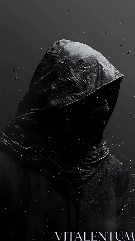 Hooded silhouette rendered in hyperreal low‑key chiaroscuro lighting