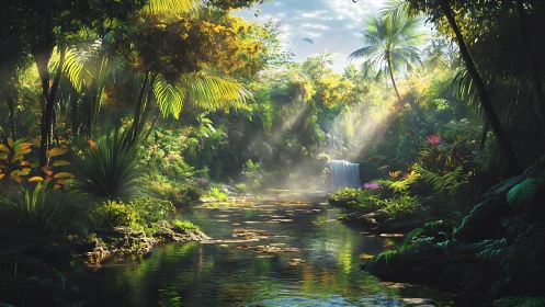 Dense tropical river landscape with waterfall and sunlight.