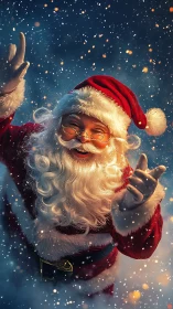 Santa figure poses amid falling snow in illuminated scene