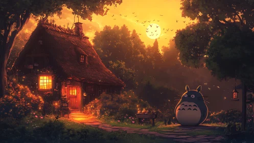 Forest cottage at sunset with glowing windows and mascot.