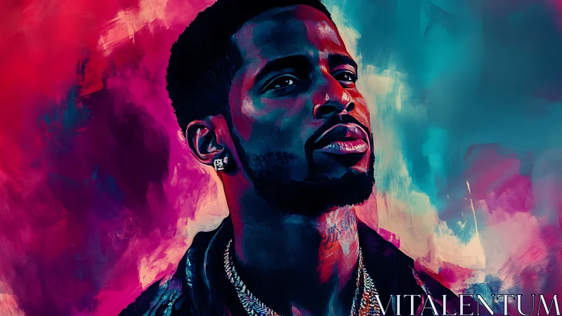 Vibrant digital portrait of confident man in neon light