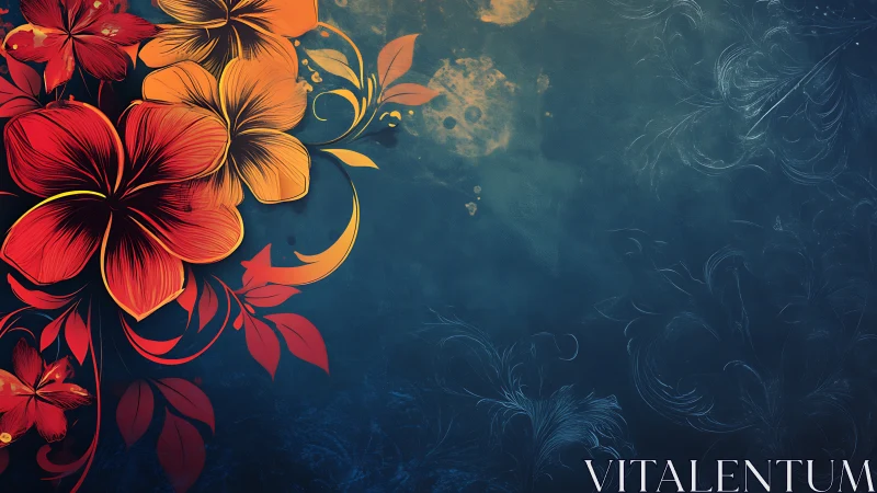 Vibrant Red and Gold Flowers Dance Across a Dreamy Teal Background