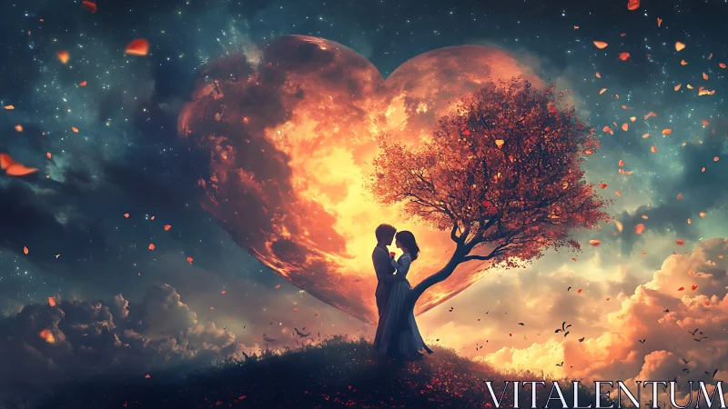 Silhouetted couple beneath fiery tree with cosmic heart-shaped moon