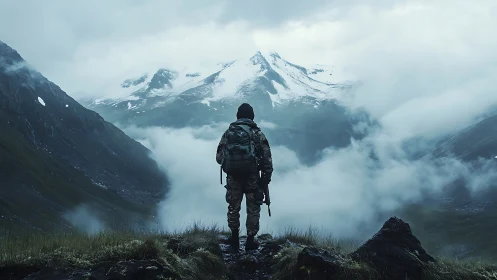 Solitary hiker surveys fog-filled alpine valley under snow peaks