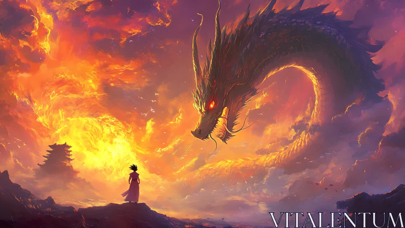 Skyfire dragon coils above lone warrior at blazing dusk.