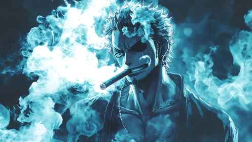 Scarred anime antihero exhales glowing smoke in blue haze.