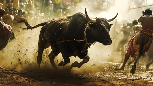 Powerful bull charges through sunlit festival arena crowd