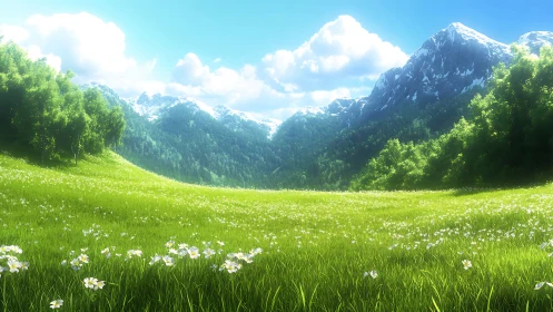 Sunlit alpine meadow with wildflowers and distant peaks.