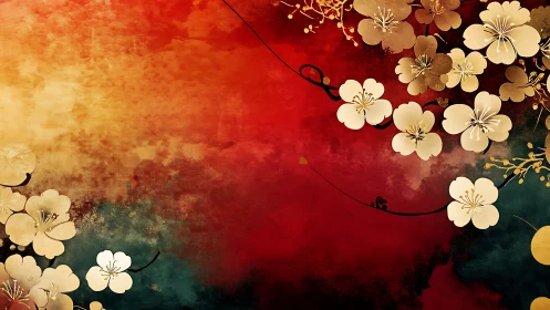 Oriental Floral Composition Against Red and Gold Gradient Background.
