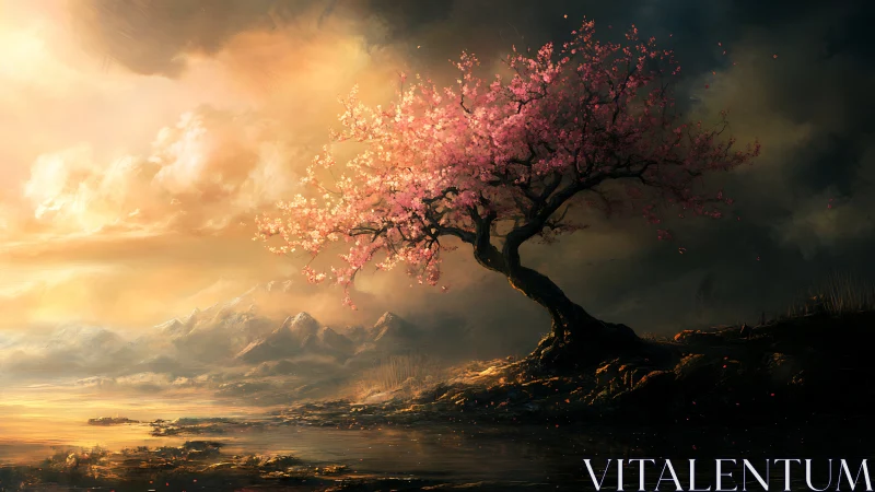 Twilight-illuminated cherry tree on reflective lakeshore brink.