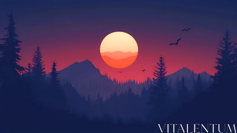 Sunset hush over pine mountains and drifting silhouettes.