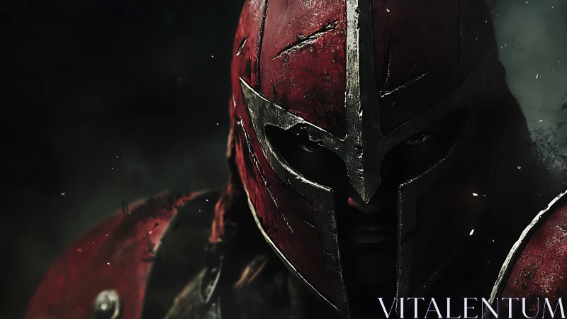 Cinematic 3D portrait of battle-worn red-armored warrior knight.