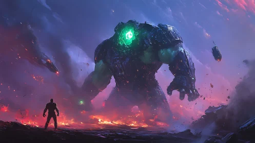 Colossal glowing titan confronts lone warrior in stormfire.