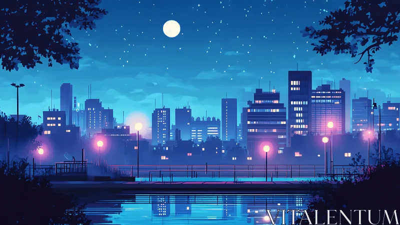 Nocturnal city skyline rendered in high-contrast neon gradients