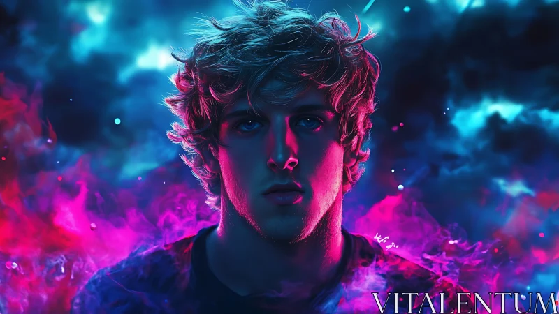 Moody neon portrait bathed in glowing pink and blue light.