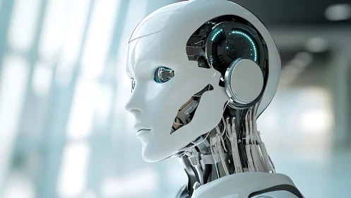 Gentle chrome android gazes ahead in soft futuristic glow.