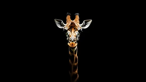 High-contrast frontal giraffe portrait with isolated black background