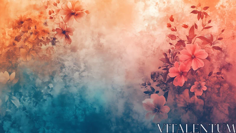 Flowers in Watercolor Gradient with Teal to Coral Transition
