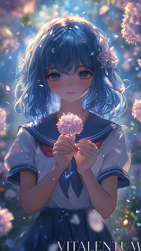 Soft blue haired girl quietly holding blossoms in gentle light