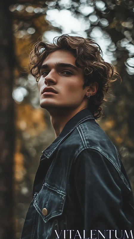 Autumn bokeh portrait of contemplative youth in denim jacket.