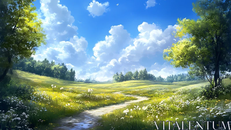 Curving dirt path through open wildflower meadow landscape.