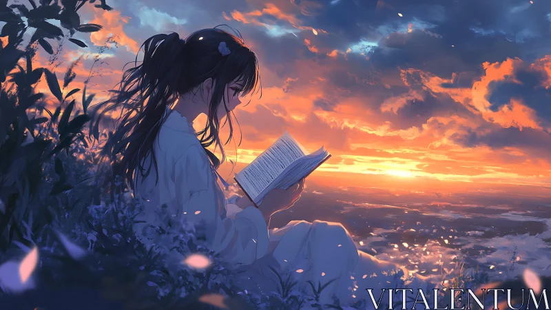 Girl reads quietly on a hillside as a glowing sunset blooms