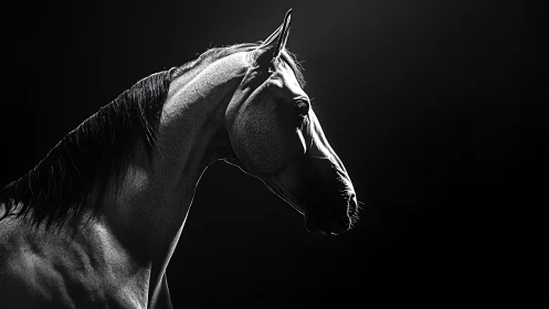 Monochrome side portrait of horse in dramatic light.