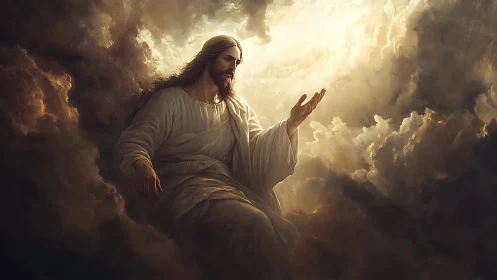 Radiant messiah seated in stormlit heavens of swirling light.