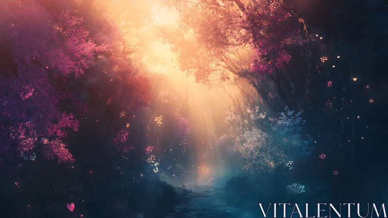 Enchanted forest path lit by warm ethereal sunlight.