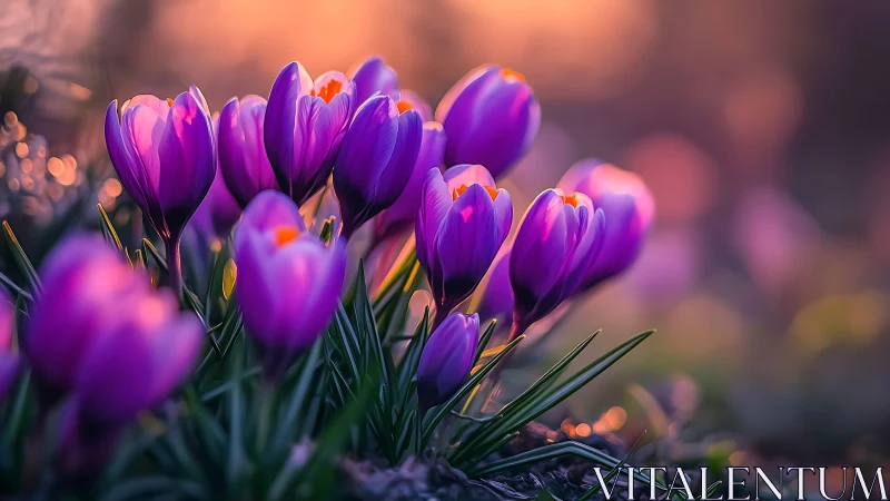 Vibrant Purple Crocuses Blooming in Golden Sunrise Light