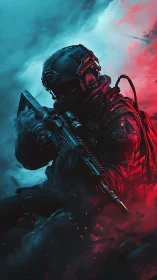 Bicolor storm wraps tactical soldier in neon battle hush