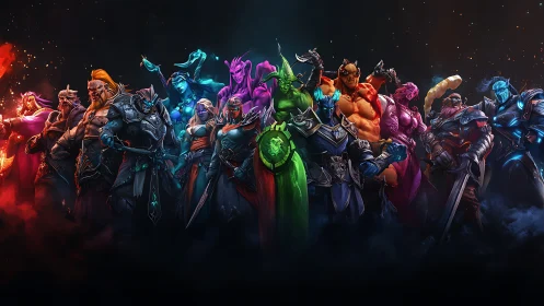 Lineup of armored fantasy characters stands in multicolor lighting