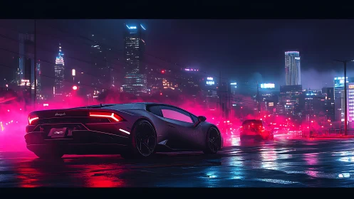 Sleek sports car glows against neon soaked cyberpunk skyline