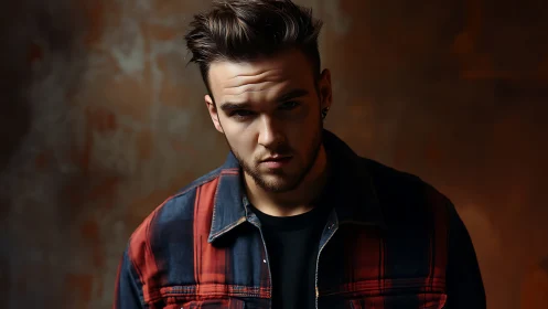 Moody low key portrait of young man in plaid denim jacket