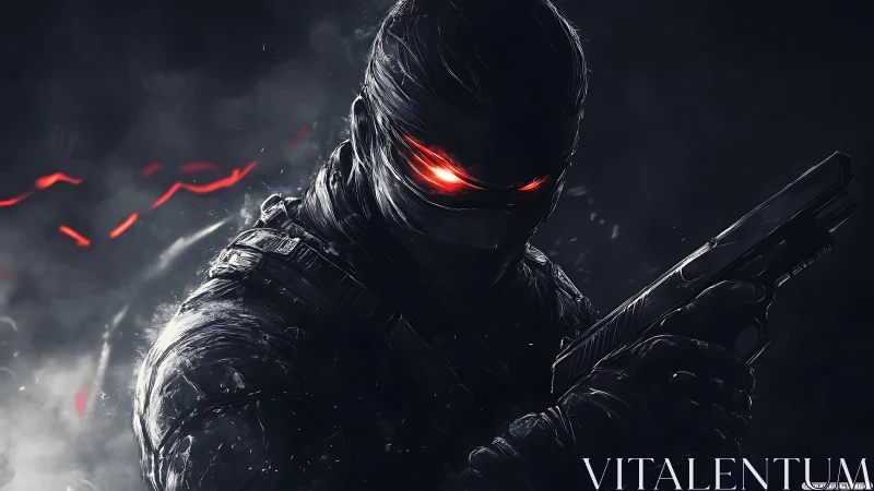 Digital painting of tactical cyber-assassin with glowing optics.