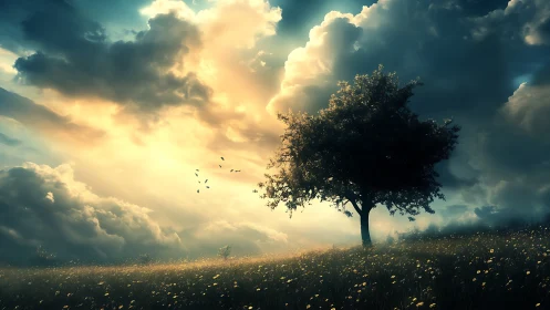 Lone tree in golden field under dramatic sunset clouds, digital art.
