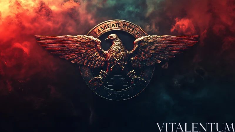 Soaring bronze eagle crest glowing in stormy cosmic mist.