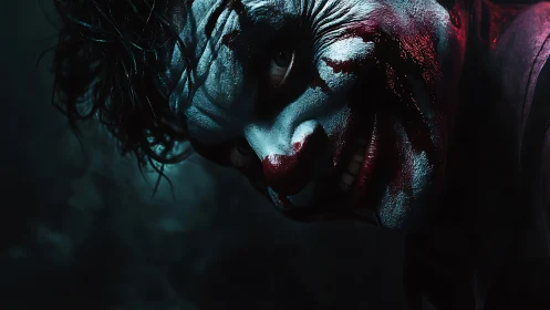 Close-up side portrait of male figure in smeared clown makeup.