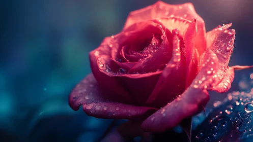 Red Rose Blooming Against Neon Blue Backdrop with Waterdrops